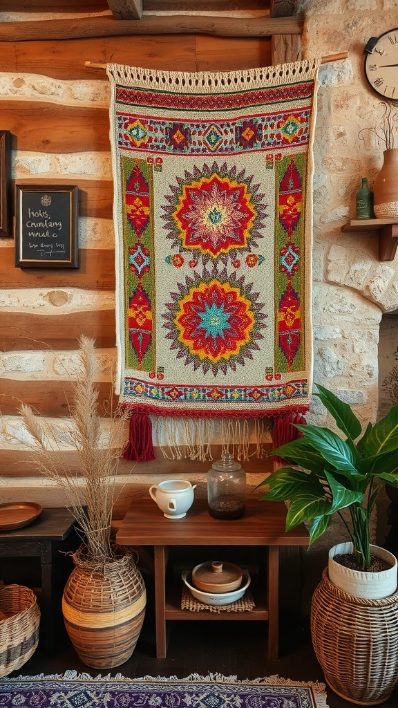 A colorful woven wall tapestry hanging on a rustic wall with wooden accents.