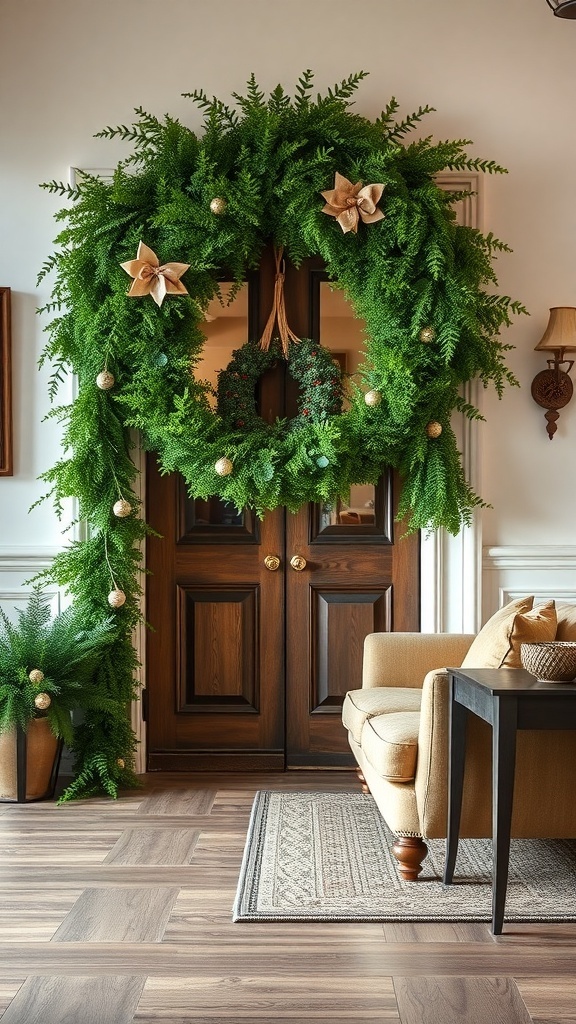 A beautifully decorated Christmas wreath and garland on a door, featuring greenery, golden ornaments, and bows.