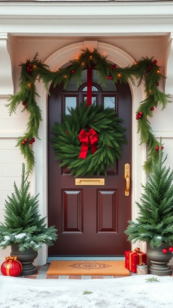 A festive front door decorated with a green wreath and garlands, featuring red ornaments and a bow.