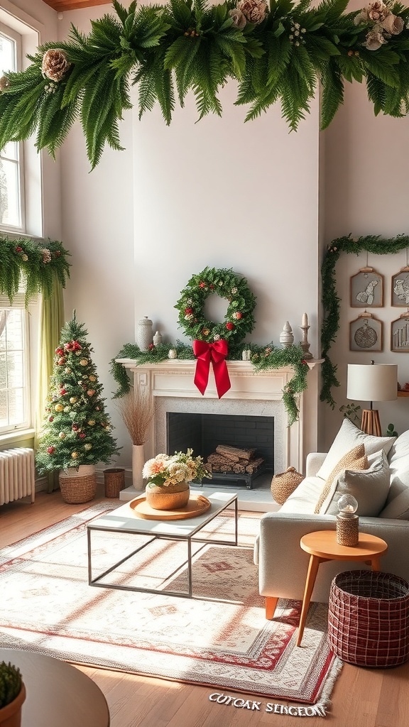 Cozy Christmas living room decorated with wreaths and garlands