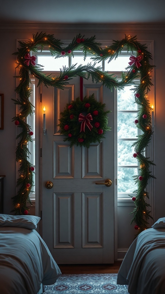 A decorated door with a wreath and garlands, creating a festive atmosphere in a bedroom.
