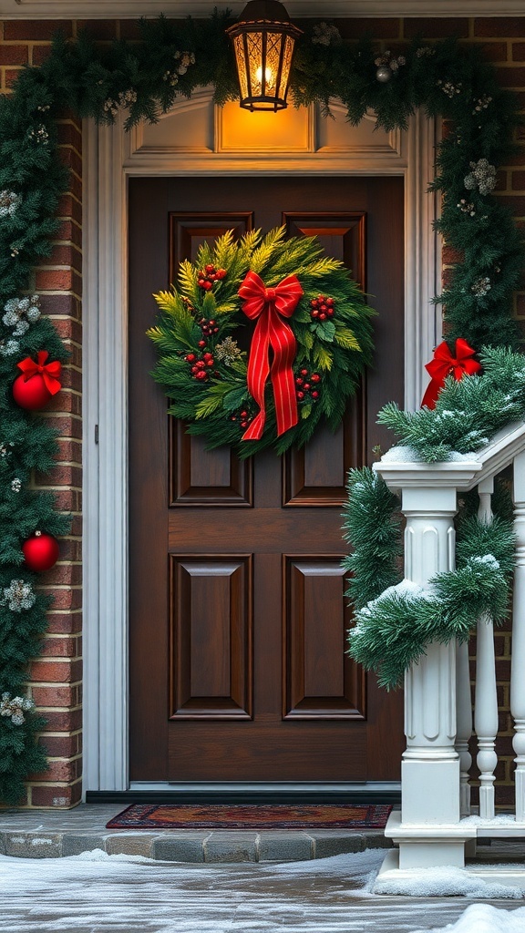 A beautifully decorated front door with a green wreath and garlands, featuring red bows and ornaments.