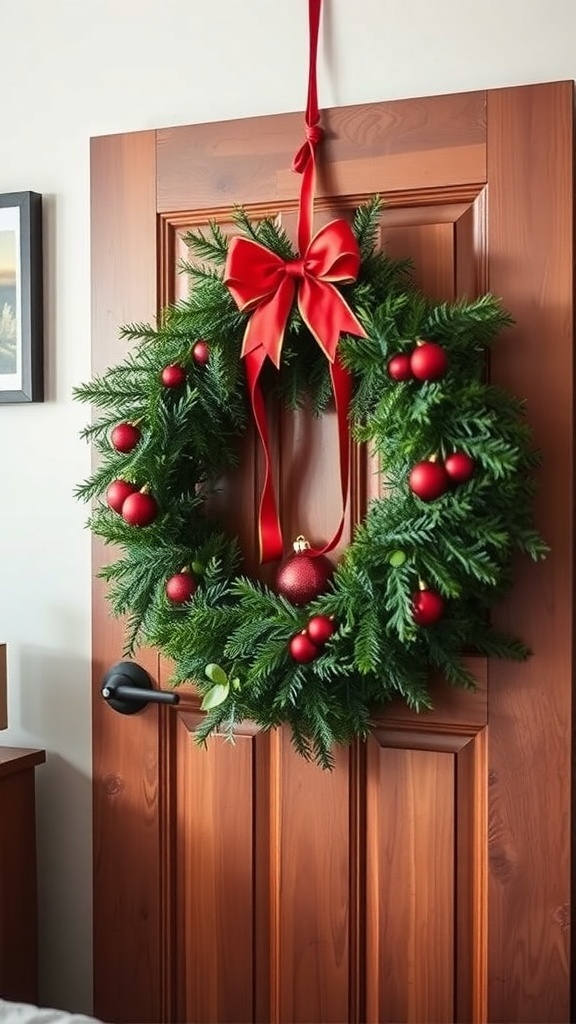 A festive green wreath with red ornaments and a red bow hanging on a wooden door.