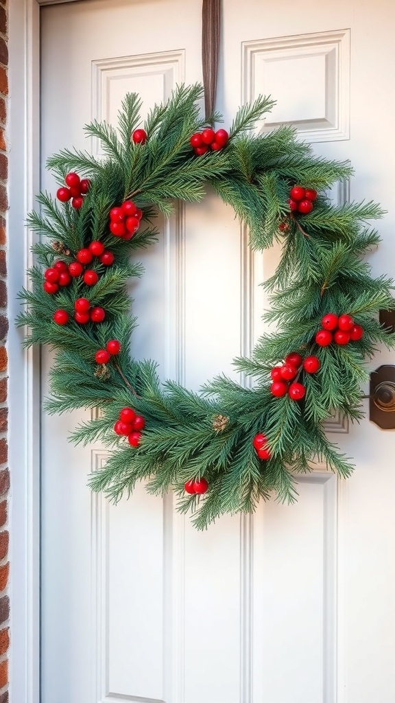 A green evergreen wreath with red berries hanging on a white door.
