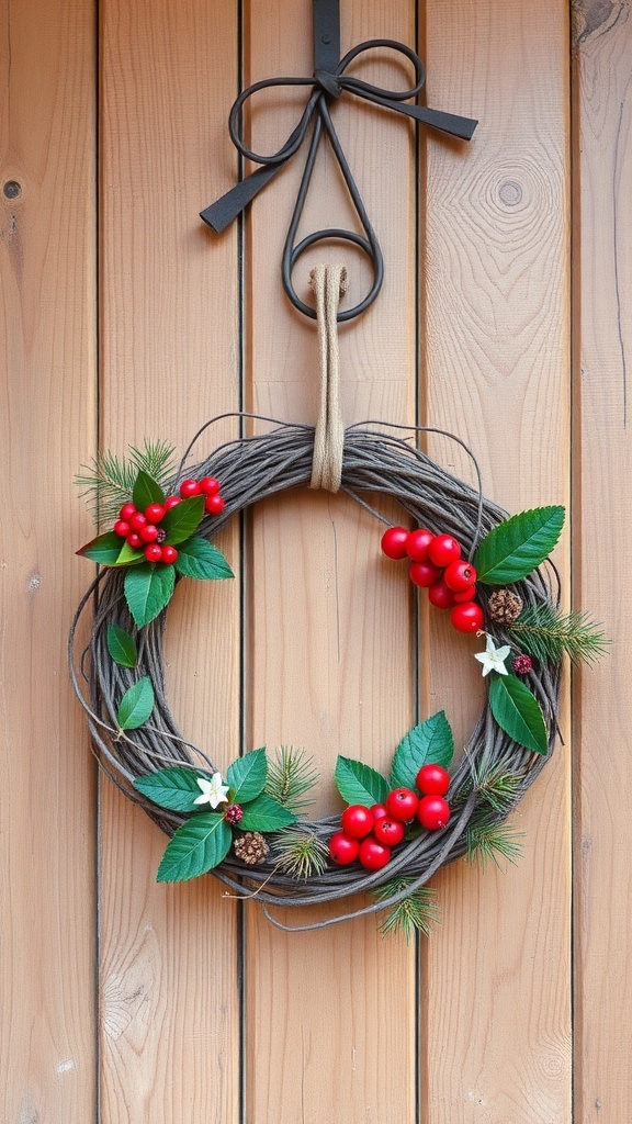 A rustic wreath made of twigs, red berries, and green leaves hanging on a wooden wall.