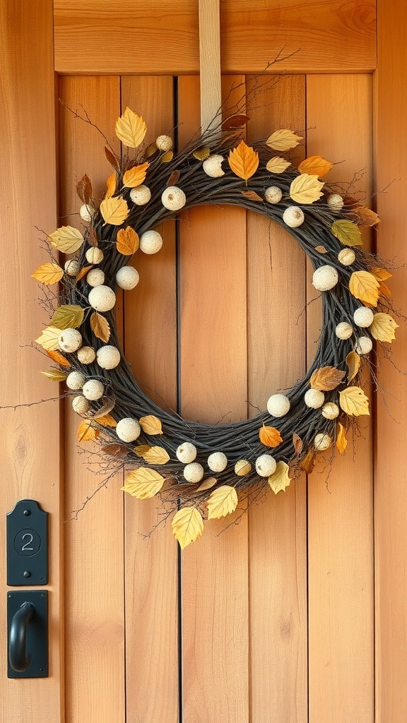 A wreath made of dried leaves and decorative spheres hanging on a wooden door.