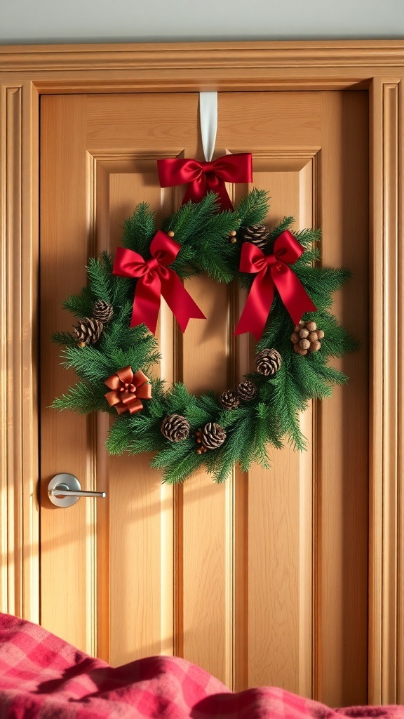 A festive green wreath with red bows and pinecones hanging on a wooden bedroom door.
