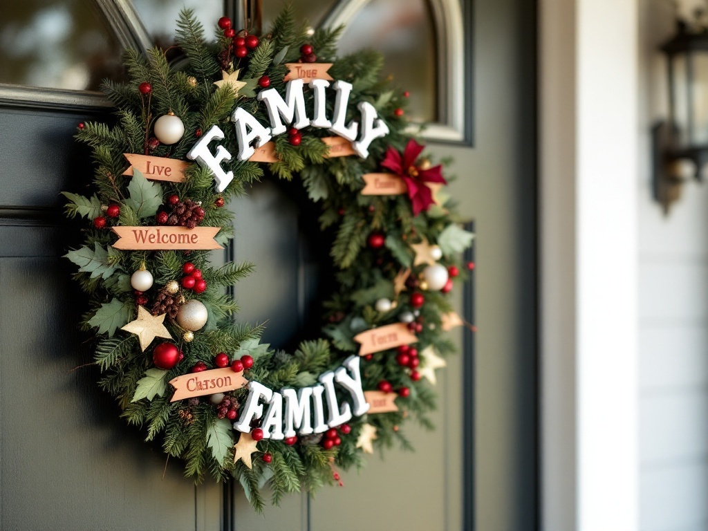 A festive Christmas wreath with the word 'FAMILY' and personalized touches like names and welcoming messages.