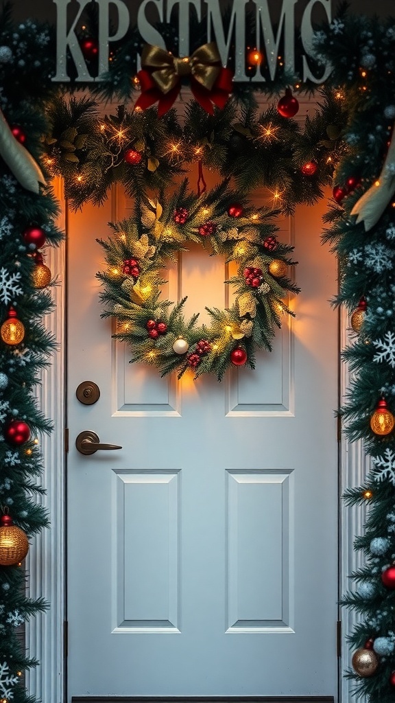 A beautifully decorated wreath with twinkling lights on a front door.