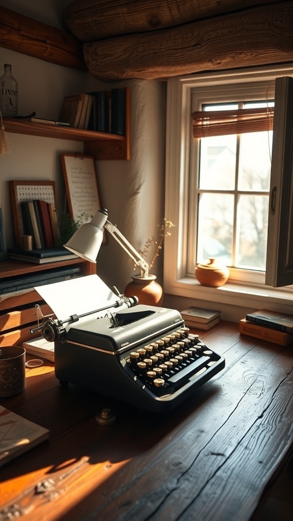 A cozy writing retreat featuring a desk with typewriters, framed quotes, and warm wooden flooring.
