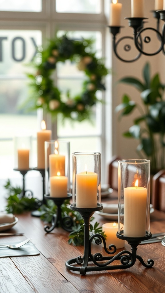 A rustic dining setup featuring wrought iron candle holders with lit candles.