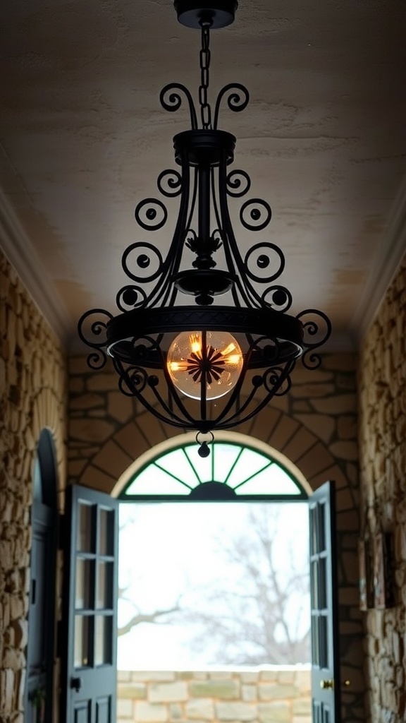 A wrought iron ceiling fixture hanging in a doorway, illuminating the entrance.