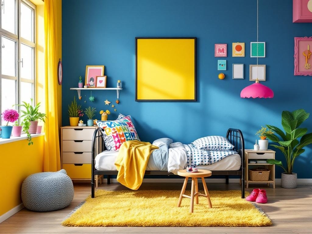A vibrant bedroom featuring a black metal bed frame, colorful bedding, and bright wall decor.