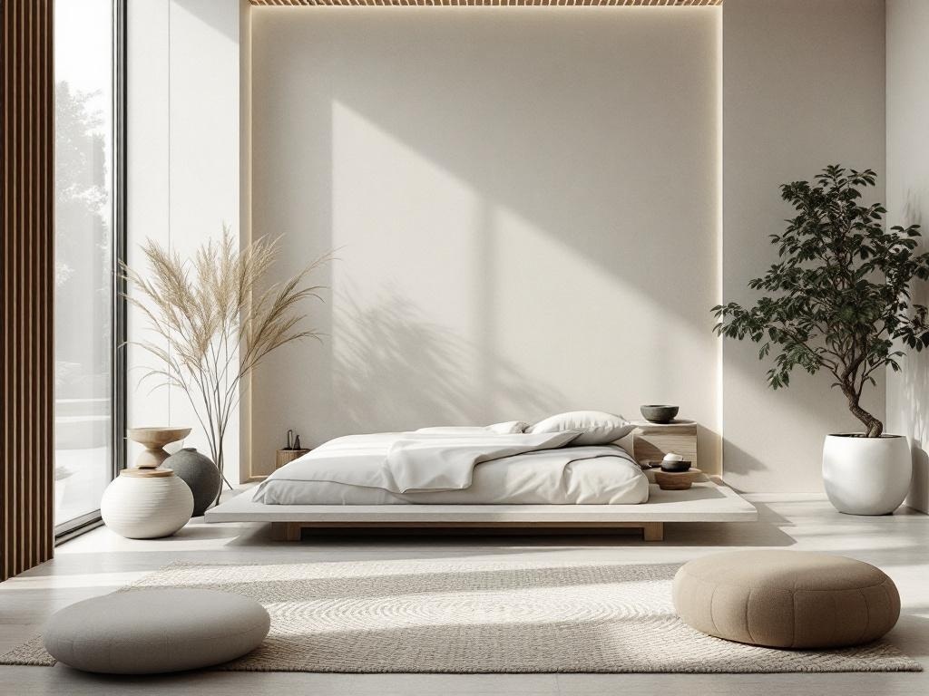 A minimalist bedroom with a low-profile bed, natural light, and plants, showcasing zen-inspired elements.