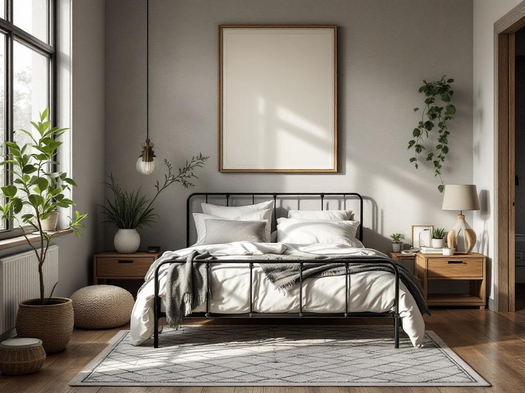 A serene bedroom featuring a black metal bed frame, natural elements like plants, and warm wooden furniture.