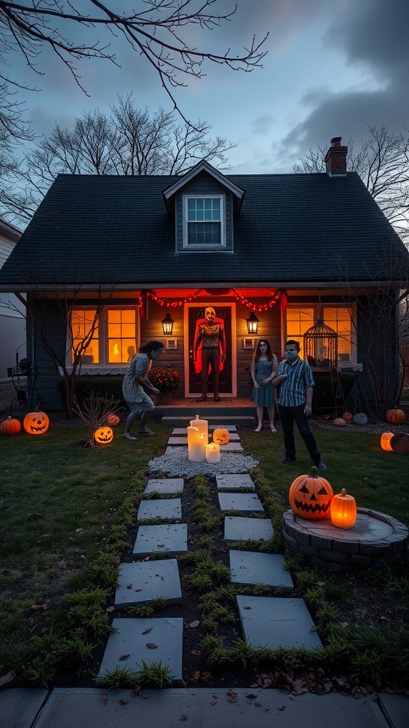 A Halloween-themed front yard with a zombie figure, carved pumpkins, and friends in costumes.