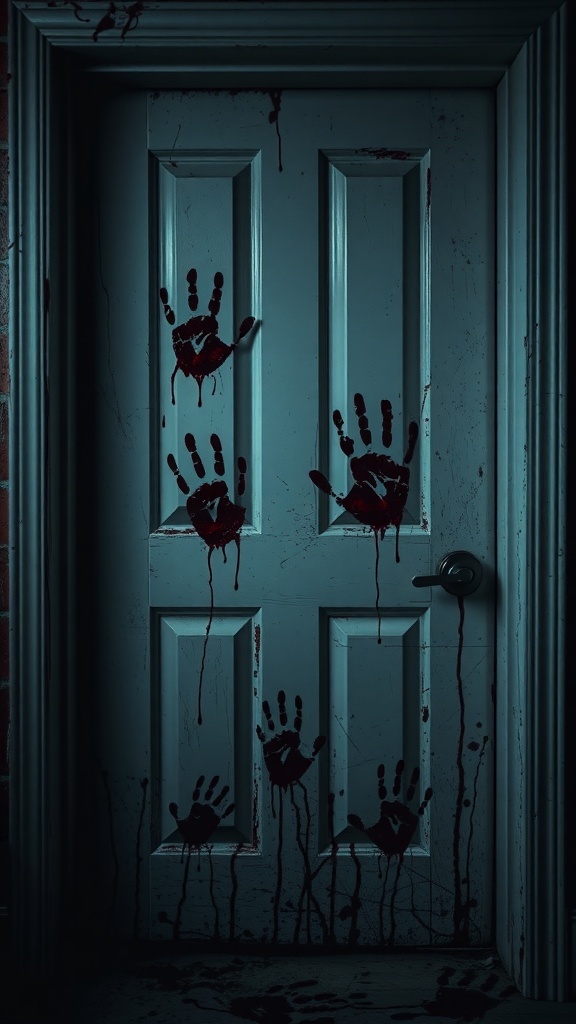 A blue door with bloody handprints and streaks, creating a spooky zombie apocalypse theme.