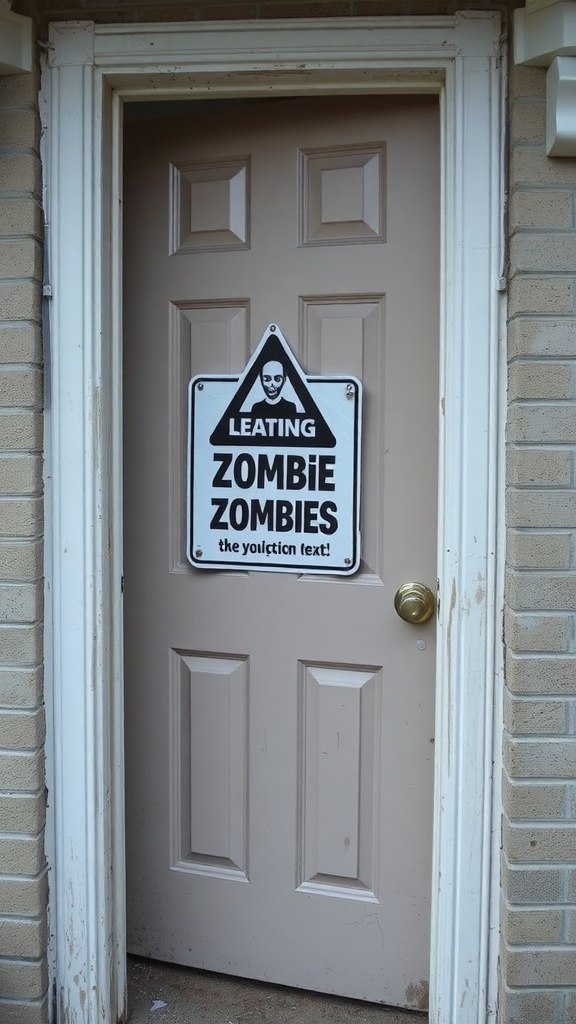 A door with a humorous zombie warning sign.