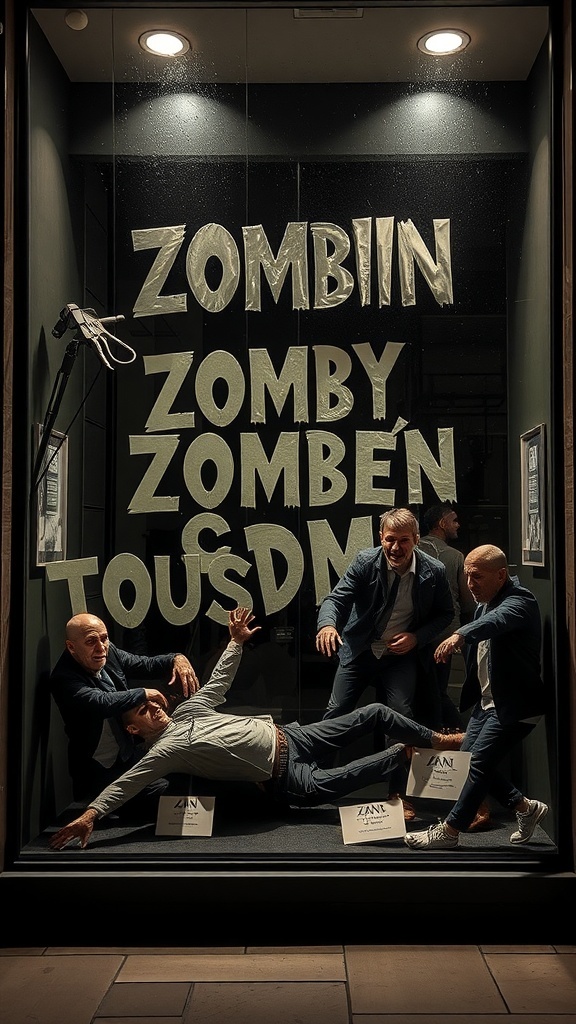 A Halloween window display featuring people posing in a zombie invasion scene with bold text.
