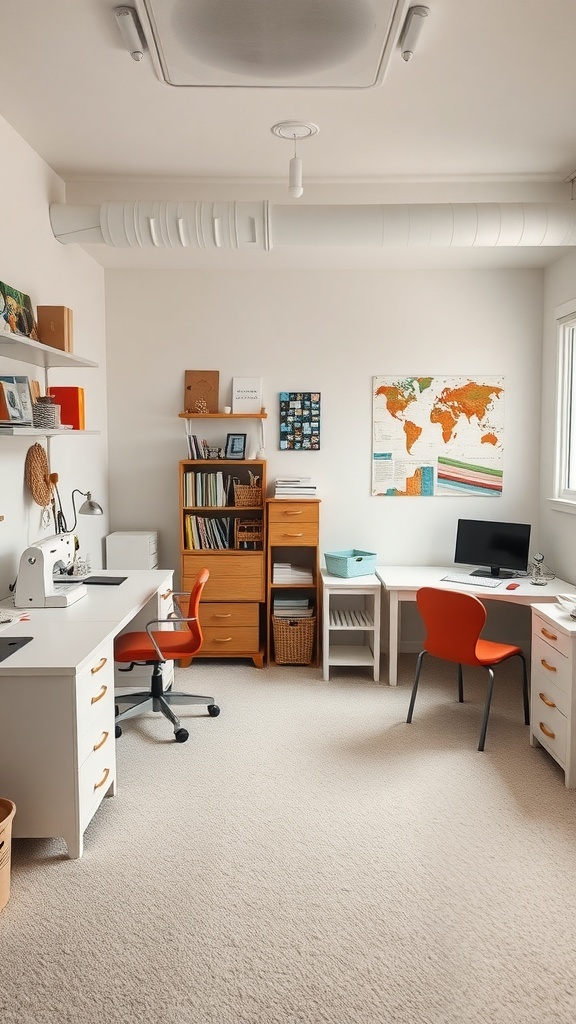 A bright small craft room with two desks, shelves, and a map on the wall.