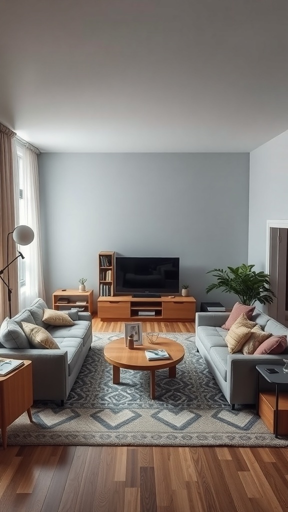 A functional living room layout with distinct zones for family activities.