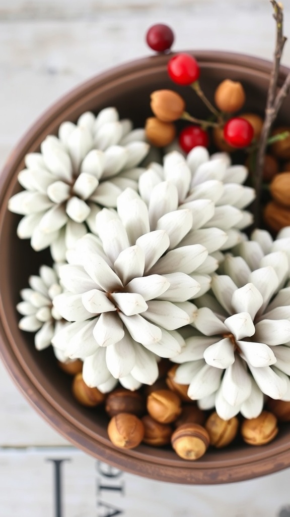 A bowl filled with painted white pinecones, nuts, and berries, creating a fall centerpiece.