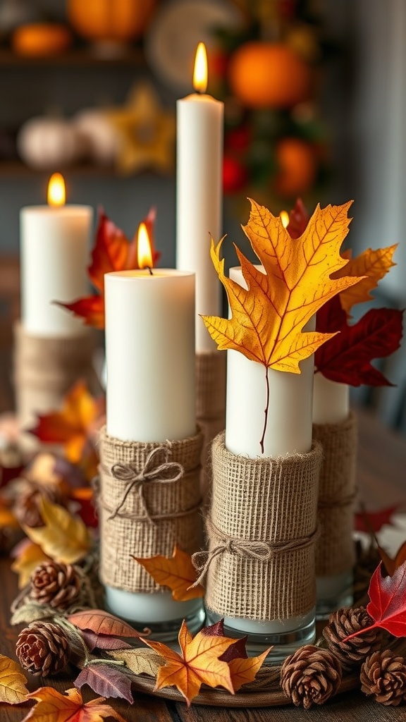A fall centerpiece with white candles, burlap wraps, autumn leaves, and pinecones.