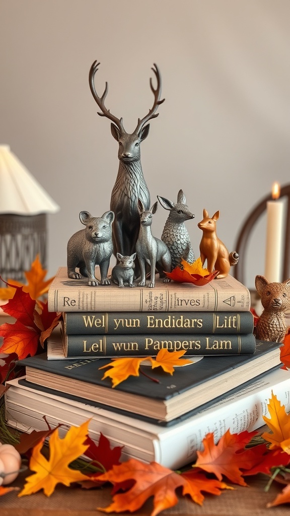 A fall centerpiece featuring animal figurines on stacked books with autumn leaves.