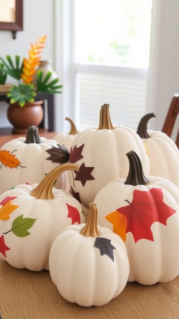 A collection of white pumpkins painted with colorful leaf designs, showcasing a festive fall centerpiece.