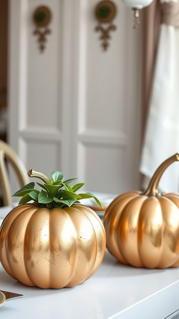 Two golden spray painted pumpkins with greenery on a white table