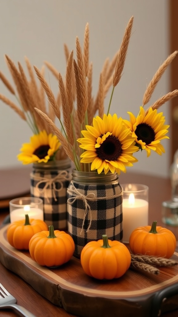 Plaid fabric-wrapped vases with sunflowers, pampas grass, and orange pumpkins