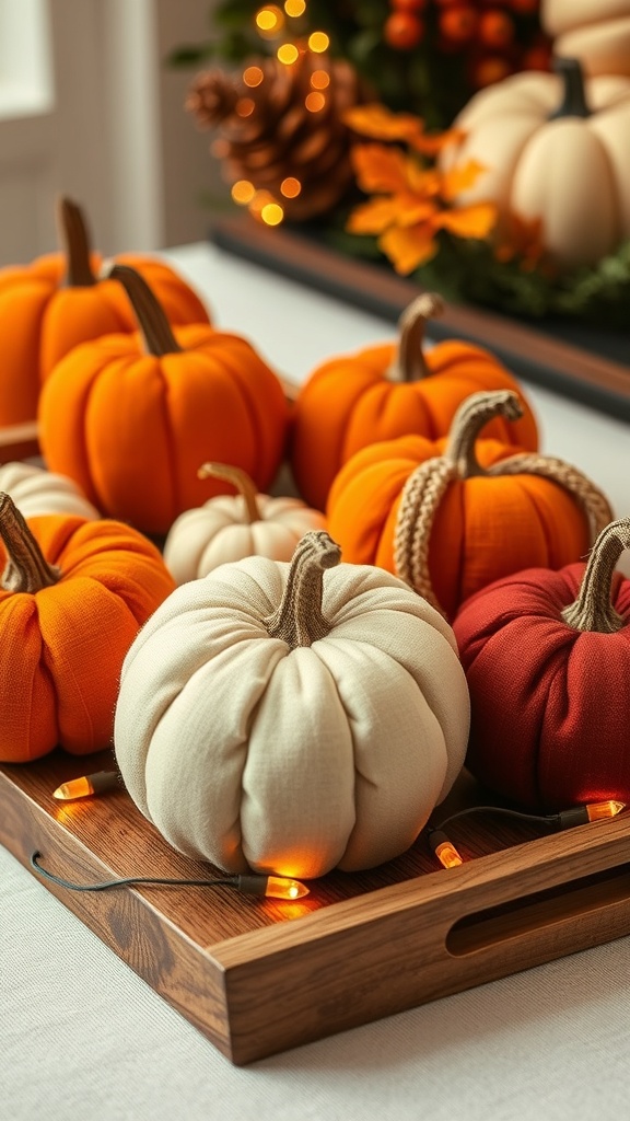 A cozy arrangement of fabric pumpkins in various colors on a wooden tray, with fairy lights for added charm.
