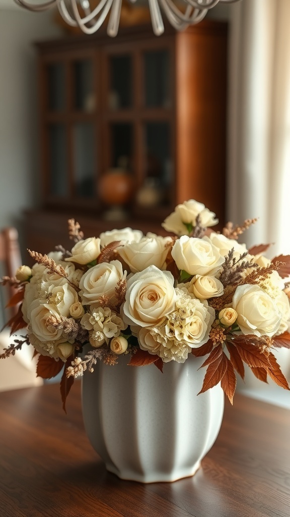 A simple fall centerpiece featuring dried hydrangeas and roses in a white pot.
