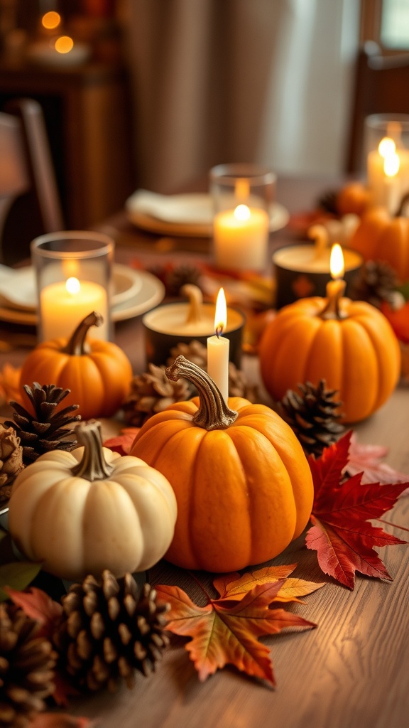 A cozy fall table setting with pumpkin candle holders, candles, pinecones, and autumn leaves.