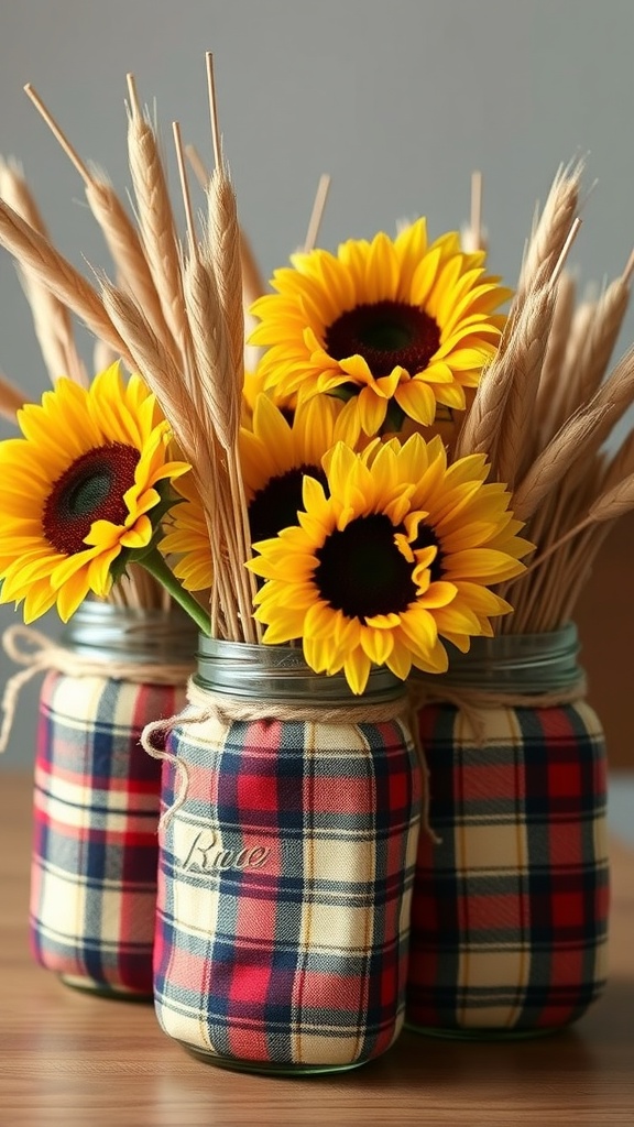 Plaid fabric-wrapped vases with sunflowers and dried wheat
