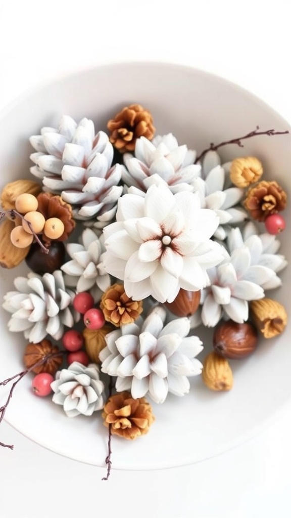 A bowl filled with painted pinecones and decorative elements for a fall centerpiece.