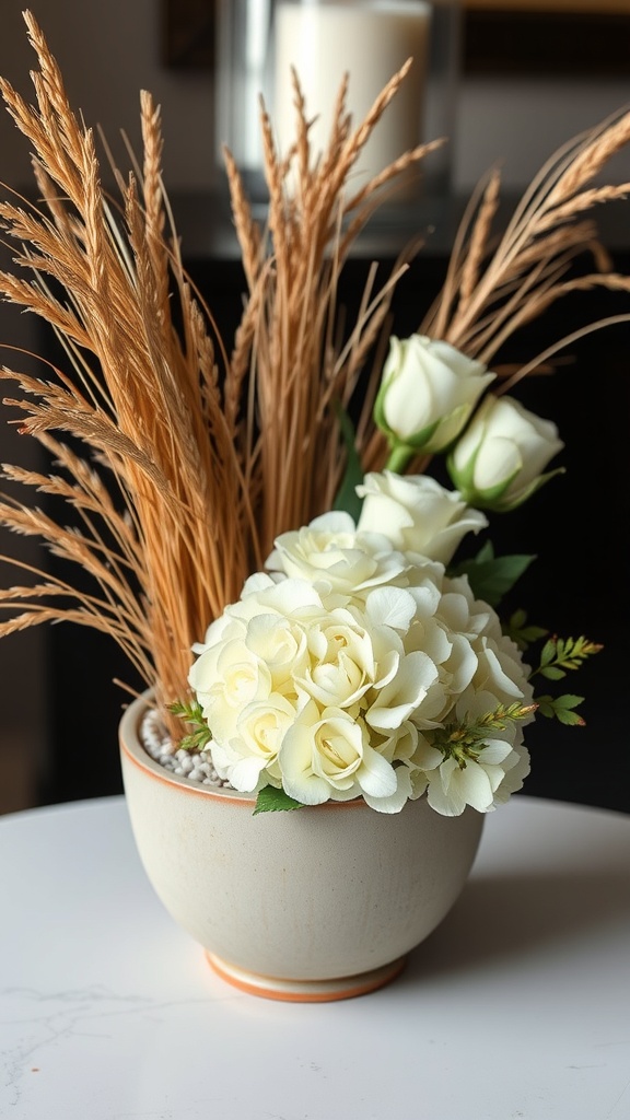 A simple fall centerpiece with white roses, hydrangeas, and golden grasses in a neutral pot.