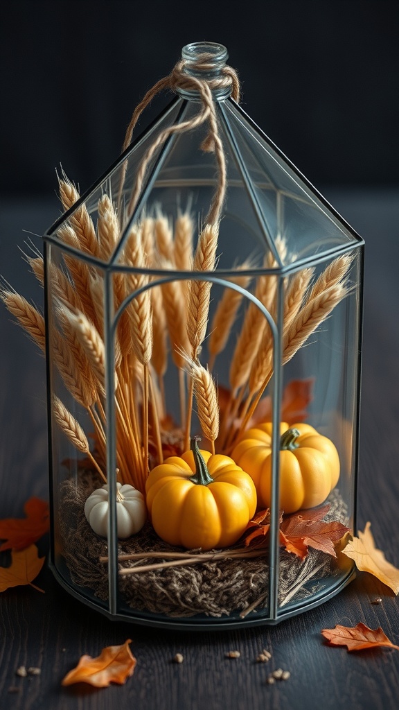 A glass terrarium with wheat stalks and small pumpkins, surrounded by autumn leaves.