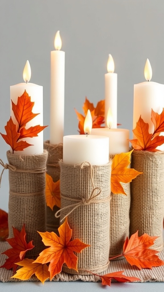Decorated fall candle centerpiece with burlap and maple leaves