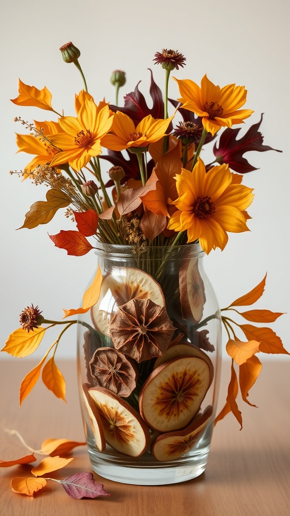 A beautiful fall centerpiece featuring bright flowers and dried fruit in a glass vase.