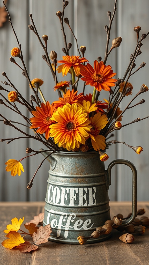 A coffee can filled with orange and yellow flowers and twigs, set on a wooden table.