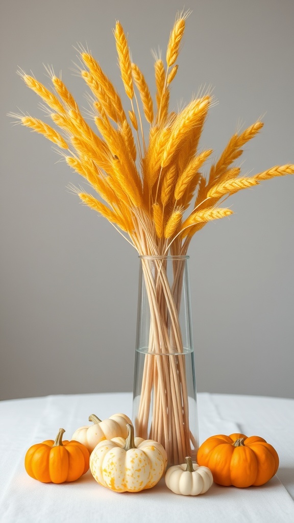 A clear vase filled with dried wheat stalks surrounded by mini pumpkins in various colors.