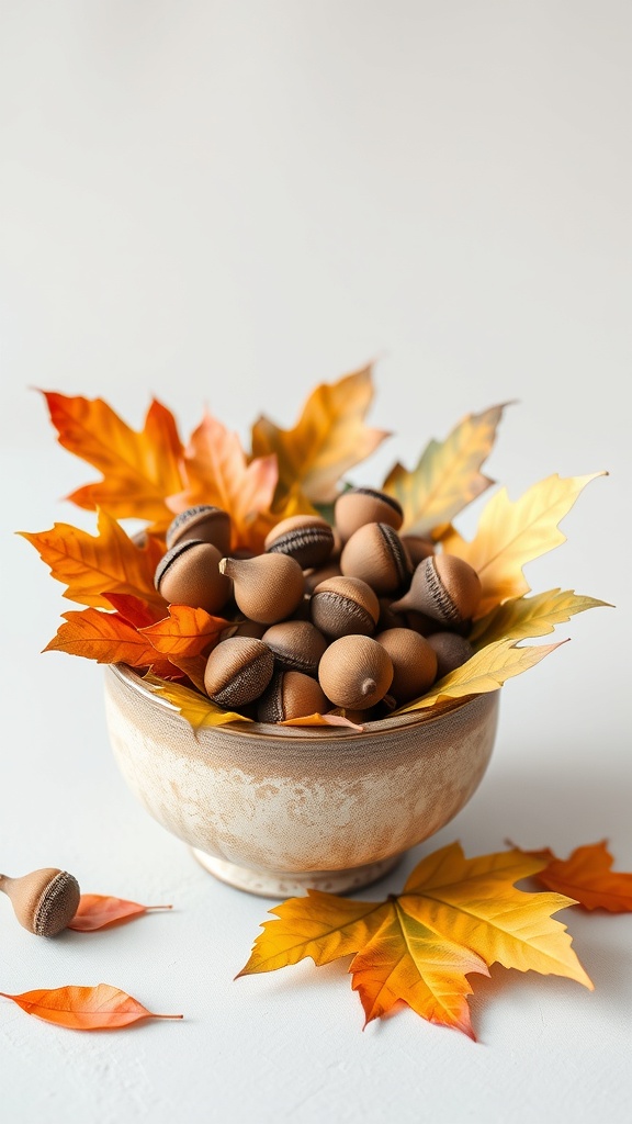 A decorative bowl filled with acorns and surrounded by colorful autumn leaves.