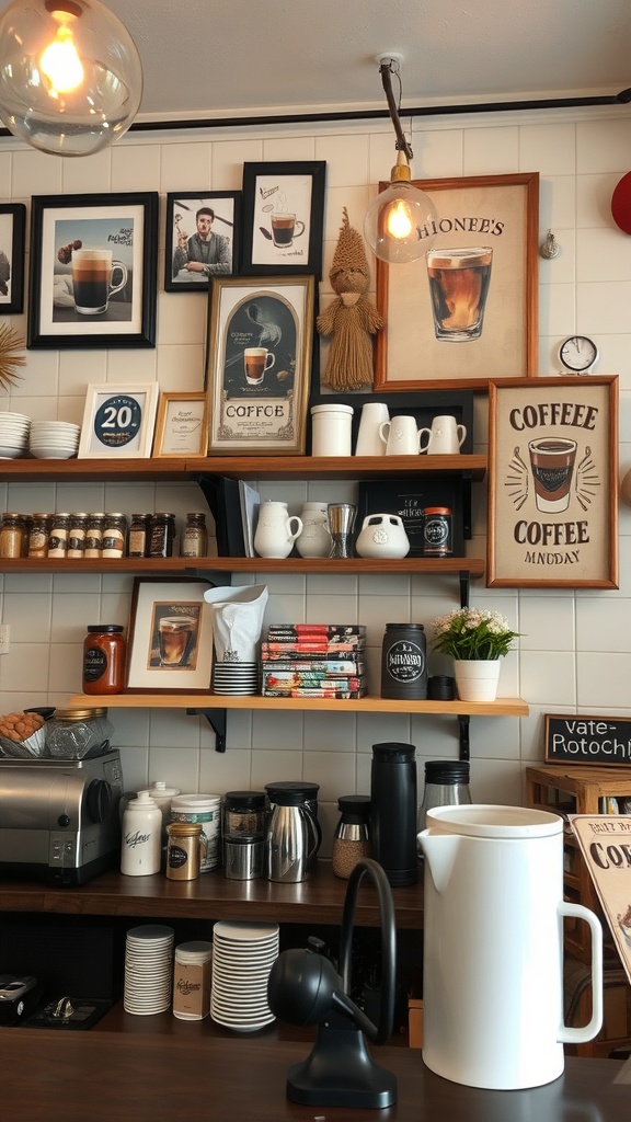 A cozy coffee bar with framed pictures, coffee signs, and neatly arranged coffee supplies.
