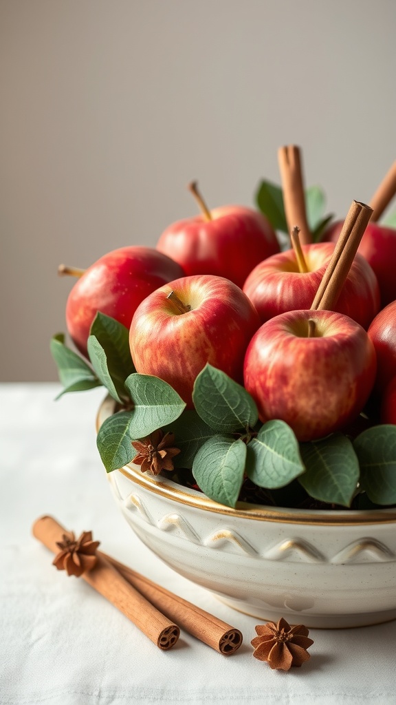 A bowl filled with red apples, cinnamon sticks, and green leaves, creating a warm fall centerpiece.