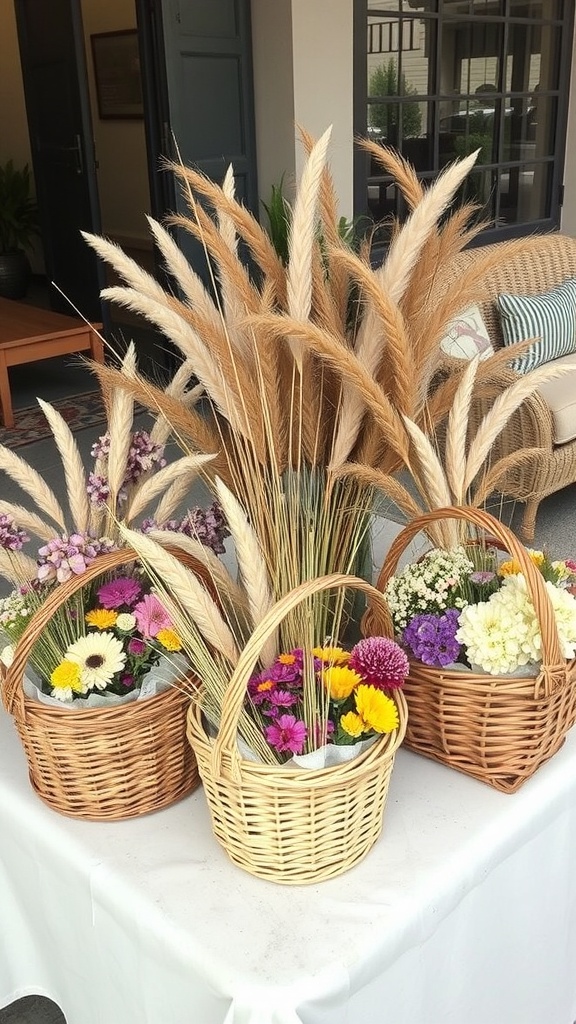 Three baskets filled with dried flowers and pampas grass, arranged on a table.