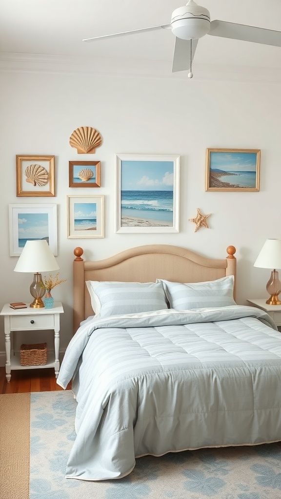 A coastal bedroom featuring beach-inspired artwork on the wall, including framed beach scenes and shell decorations.