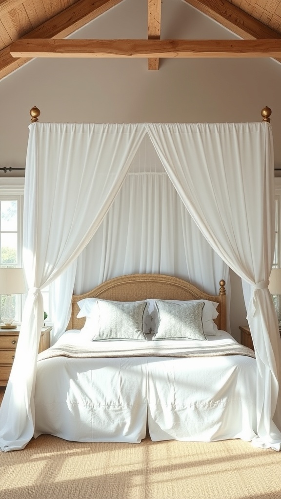 A cozy coastal bedroom featuring a canopy bed with white drapes and natural wooden accents.