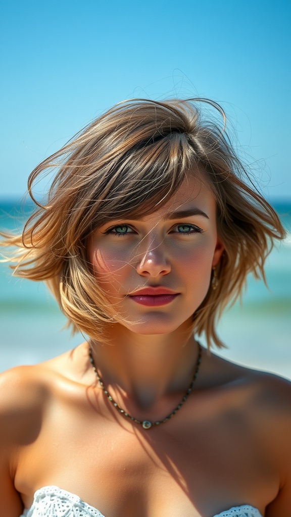 A model with beachy shag haircut and breezy bangs, standing by the beach with a clear blue sky.