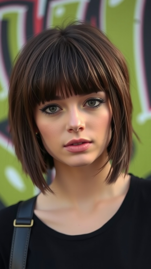 A young woman with a bold shag haircut featuring thick bangs, standing in front of a colorful graffiti background.